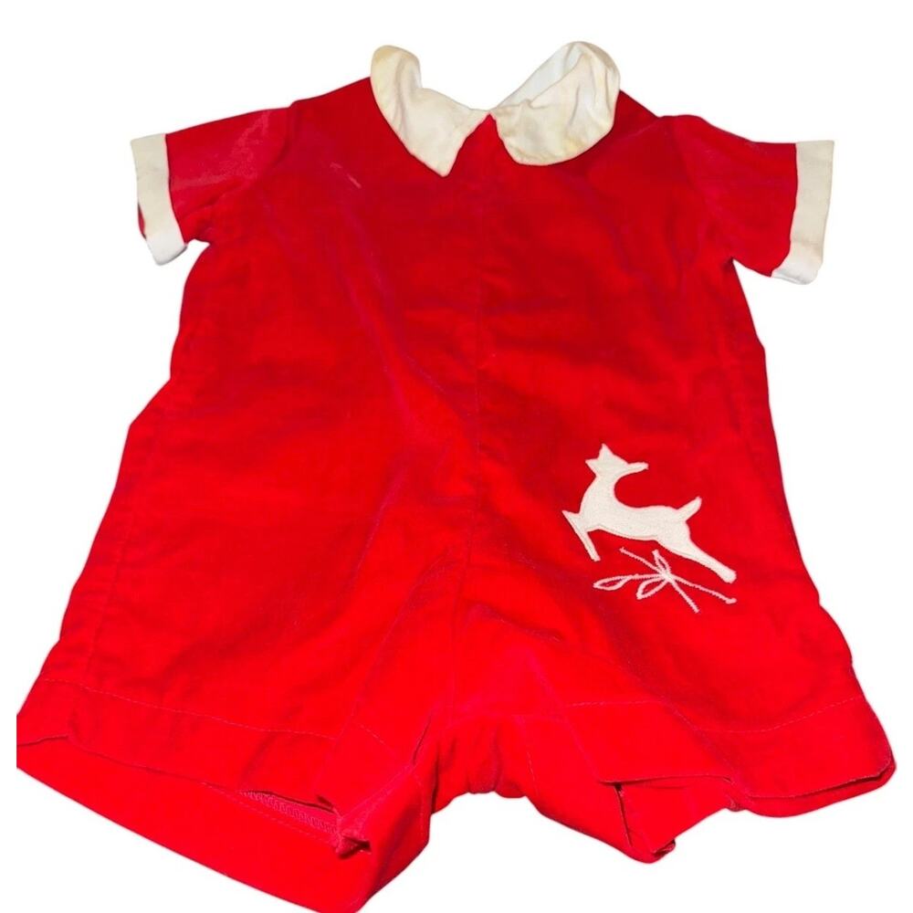 Vintage Nannette Red Velveteen Baby Romper White Deer Applique 3-6 Mo Made in US